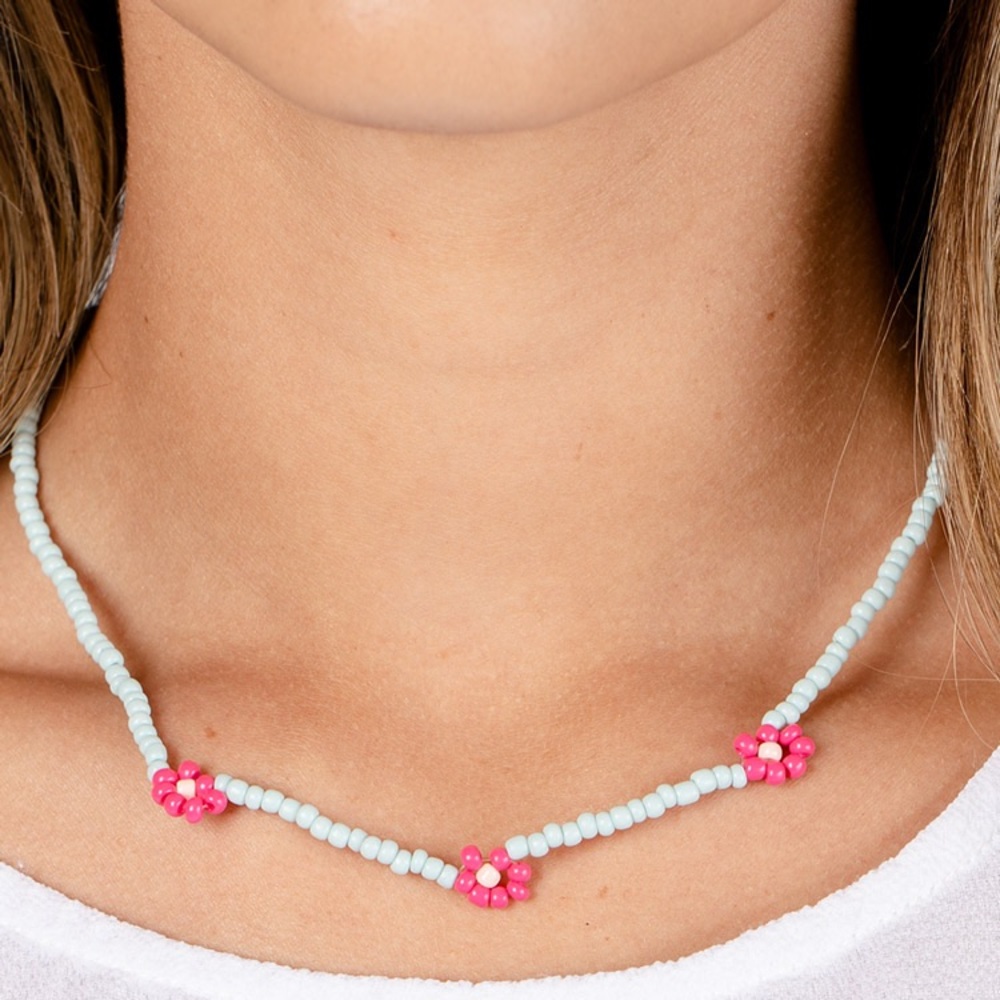 NEW Boutique Pink & Blue Seed Bead Flower Y2K Necklace & Earrings Jewelry Set